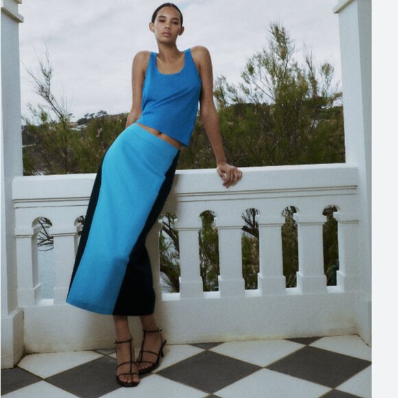 NWOT Zara Linen Blend Pencil Skirt Color Block Bloggers Fav  Large - Picture 2 of 9